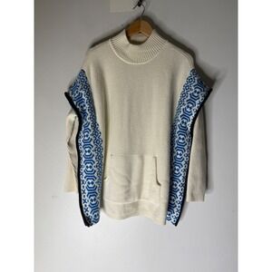 T by Talbots Womens Ivory Blue Fair Isle Mock Neck Poncho Sweater 57415147 M